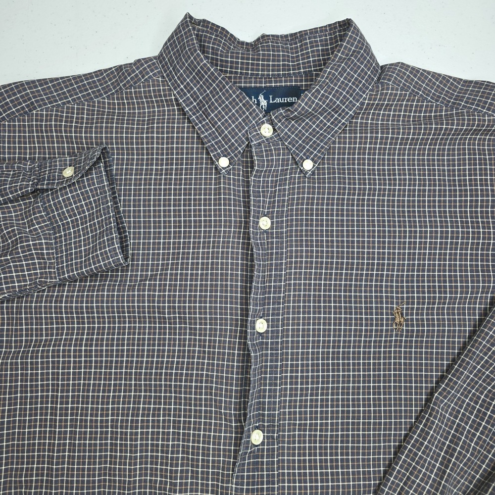 RALPH LAUREN Men's XL Gray With Brown And White Stripes Long Sleeve Shirt -2213